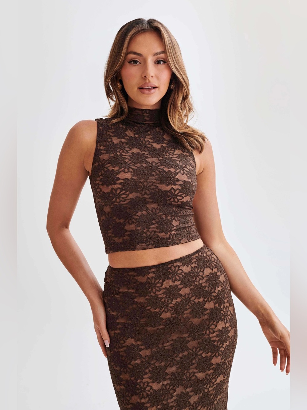 Meshki Elska Lace High Neck Top Chocolate Brown Size Small